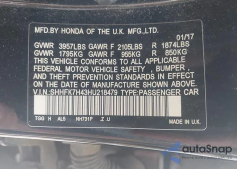 2017 Honda Civic Sport from USA, damaged, VIN SHHFK7H43HU218479